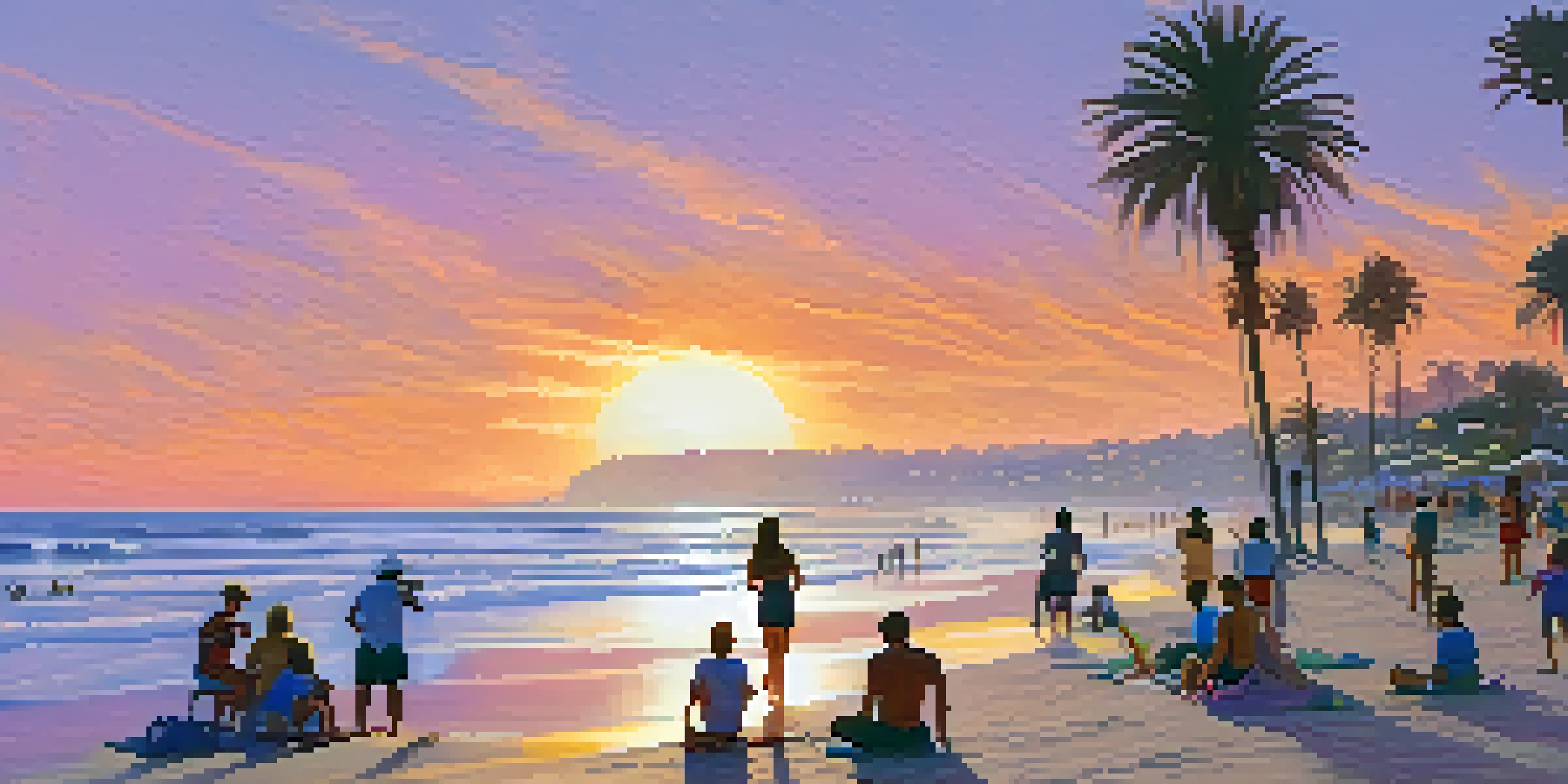 A sunset view of a San Diego beach with families picnicking and surfers in the water, framed by palm trees.