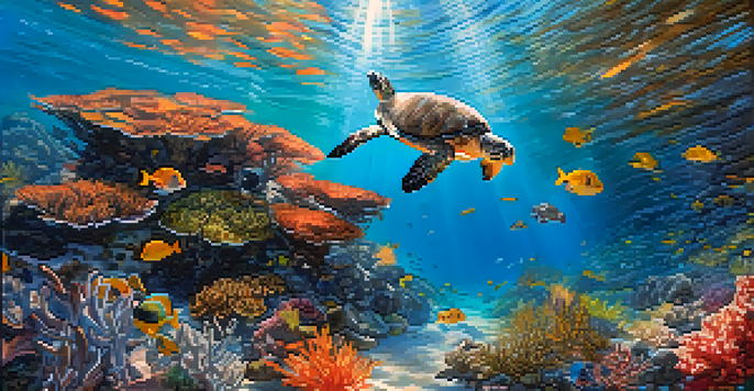 An underwater view of a marine protected area featuring colorful coral reefs, diverse fish species including California sheephead, and a swimming sea turtle, illuminated by sunlight.
