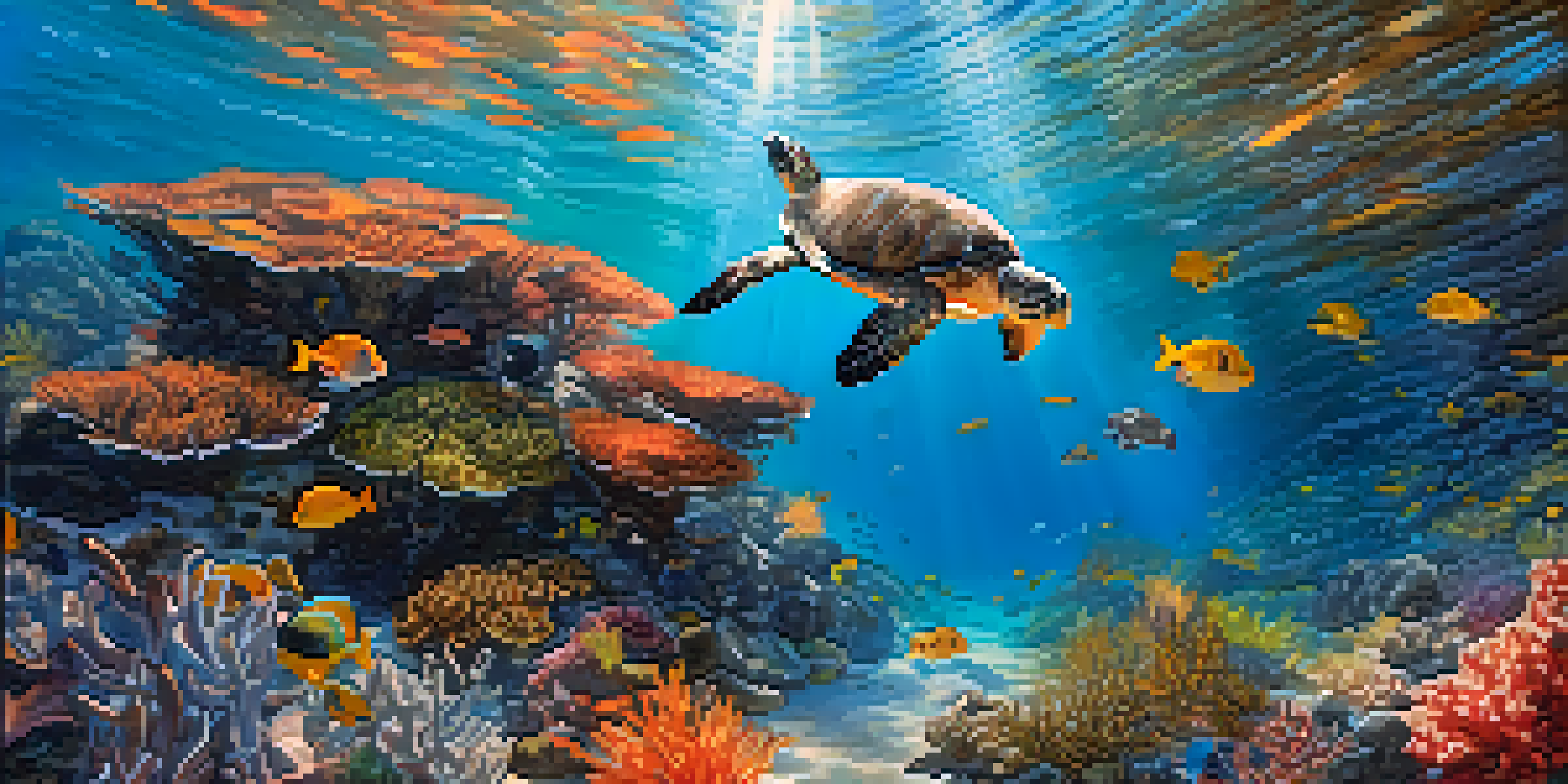 An underwater view of a marine protected area featuring colorful coral reefs, diverse fish species including California sheephead, and a swimming sea turtle, illuminated by sunlight.