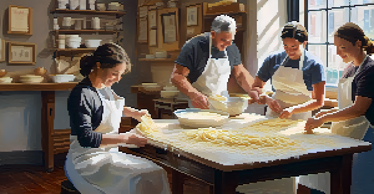 Participants in a warm indoor setting learning to make fresh pasta during a cultural workshop in Little Italy.