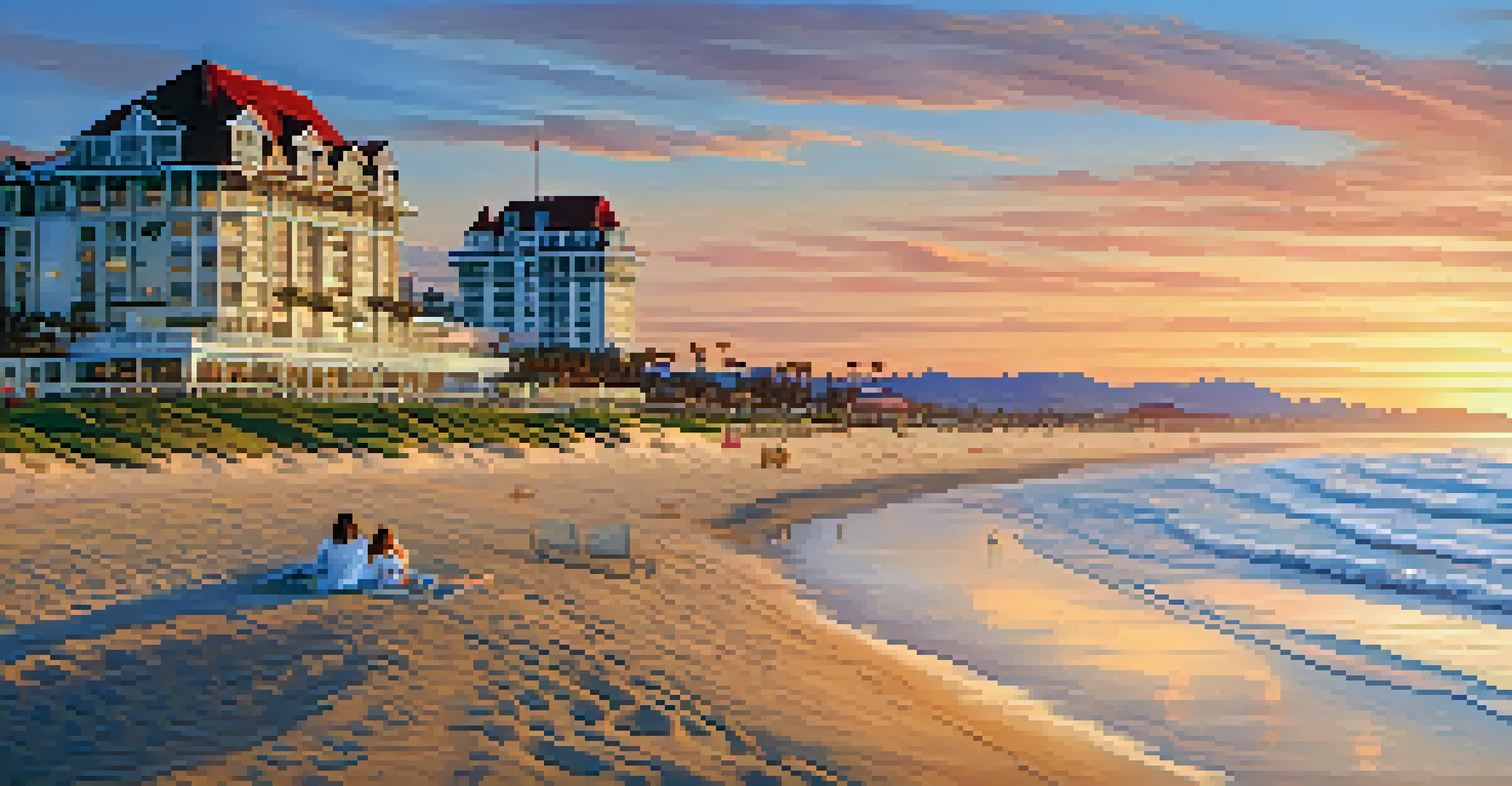 A romantic sunset at Coronado Central Beach with the Hotel del Coronado and a picnic setup.