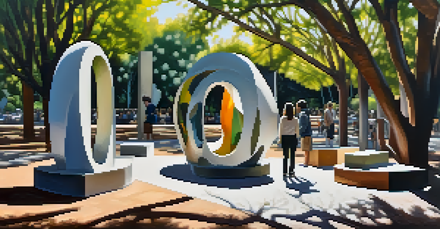 Abstract sculptures made of recycled materials in a San Diego park, surrounded by greenery and sunlight filtering through the trees.