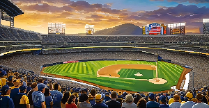 A lively baseball game at the San Diego Padres stadium with fans cheering and colorful banners.