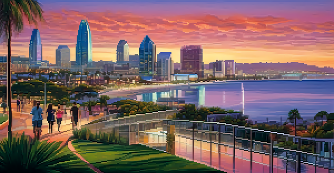 A beautiful sunset over San Diego's skyline with skyscrapers and palm trees, and people walking along the waterfront.