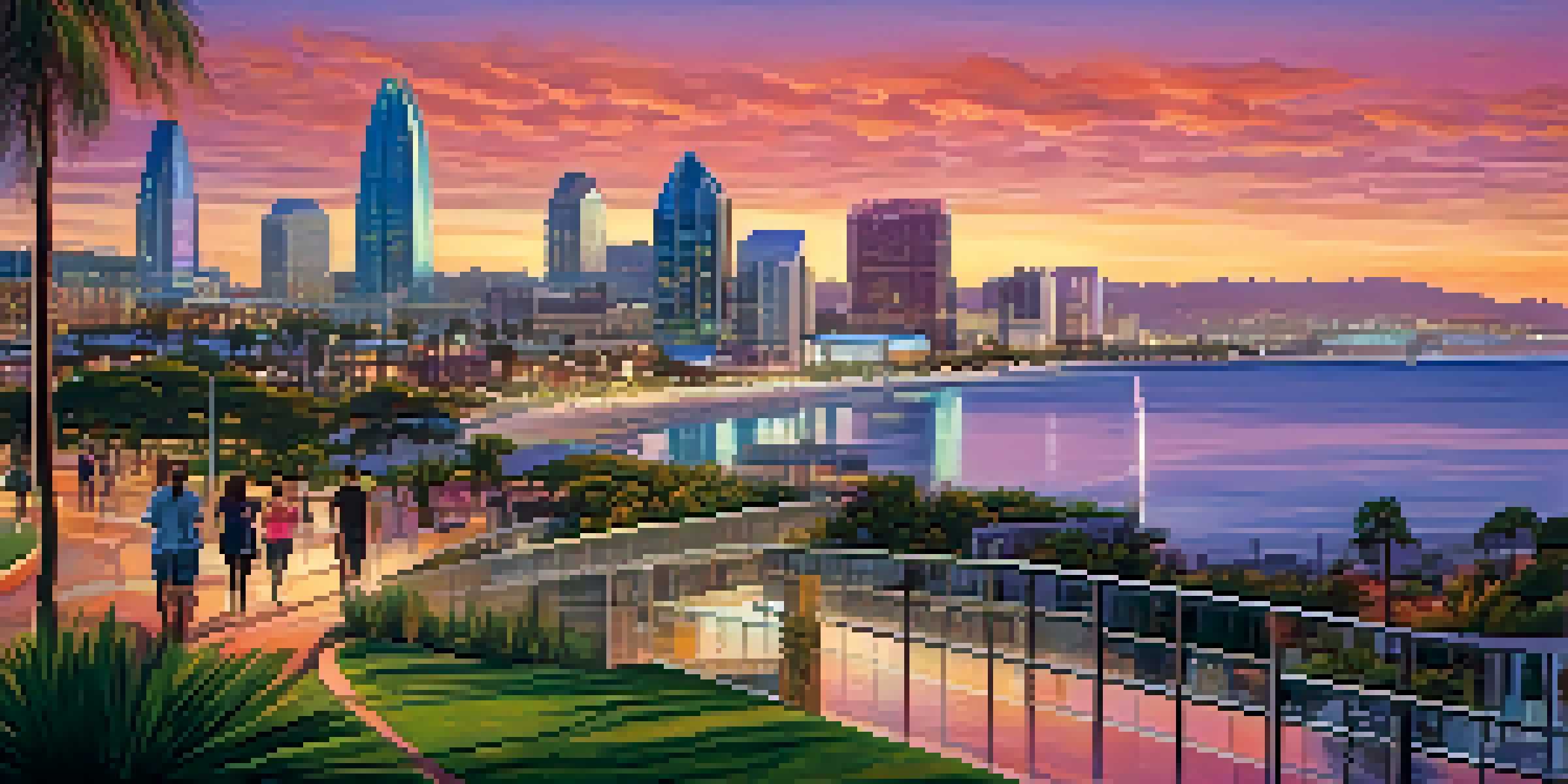 A beautiful sunset over San Diego's skyline with skyscrapers and palm trees, and people walking along the waterfront.