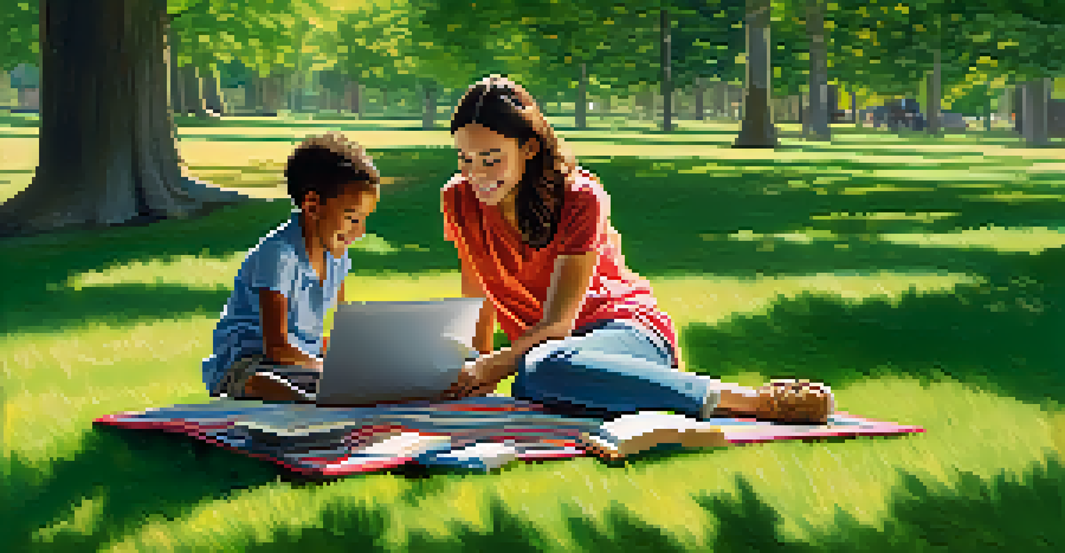 A parent and child sitting on a picnic blanket in a park, collaborating on a laptop for online learning under the sun.