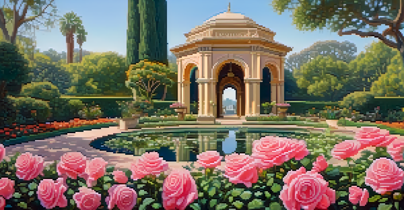 A close-up view of a Rose Garden filled with colorful blooming roses surrounded by lush greenery.