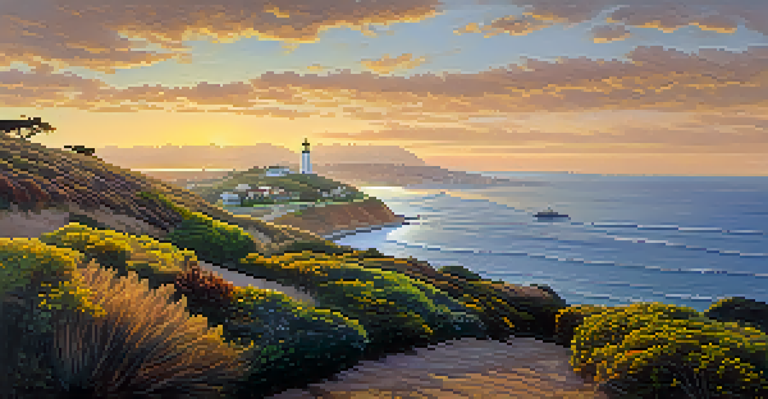 A scenic sunrise view from Point Loma with the Pacific Ocean and San Diego skyline, featuring a lighthouse and a photographer on a cliff.