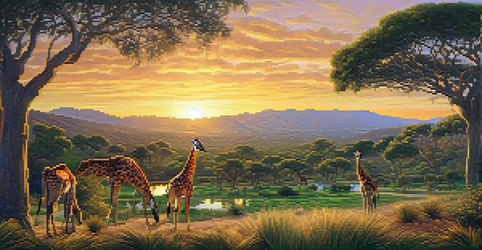 A family of four watching giraffes in the San Diego Safari Park at sunrise, surrounded by lush greenery.