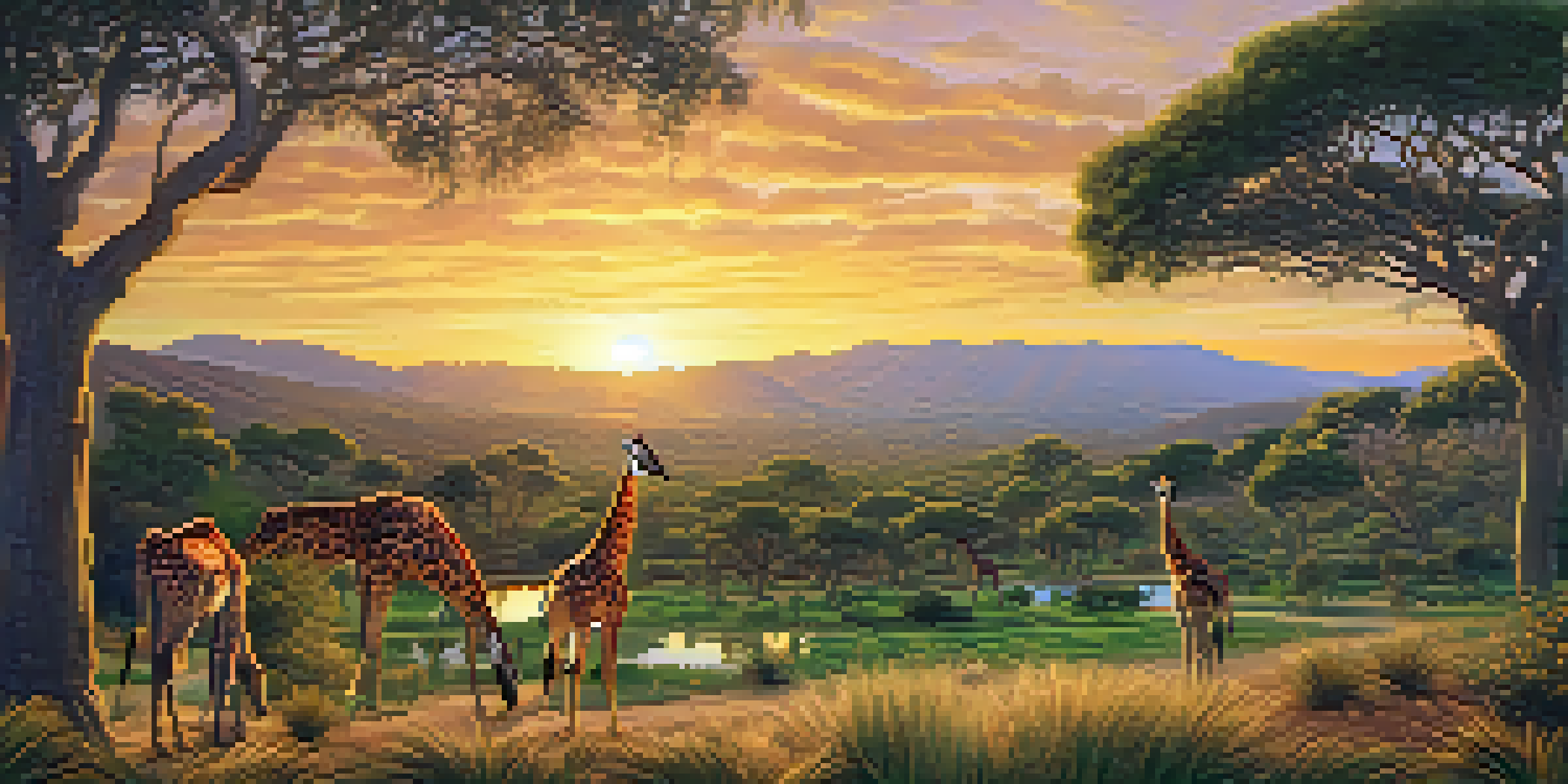 A family of four watching giraffes in the San Diego Safari Park at sunrise, surrounded by lush greenery.