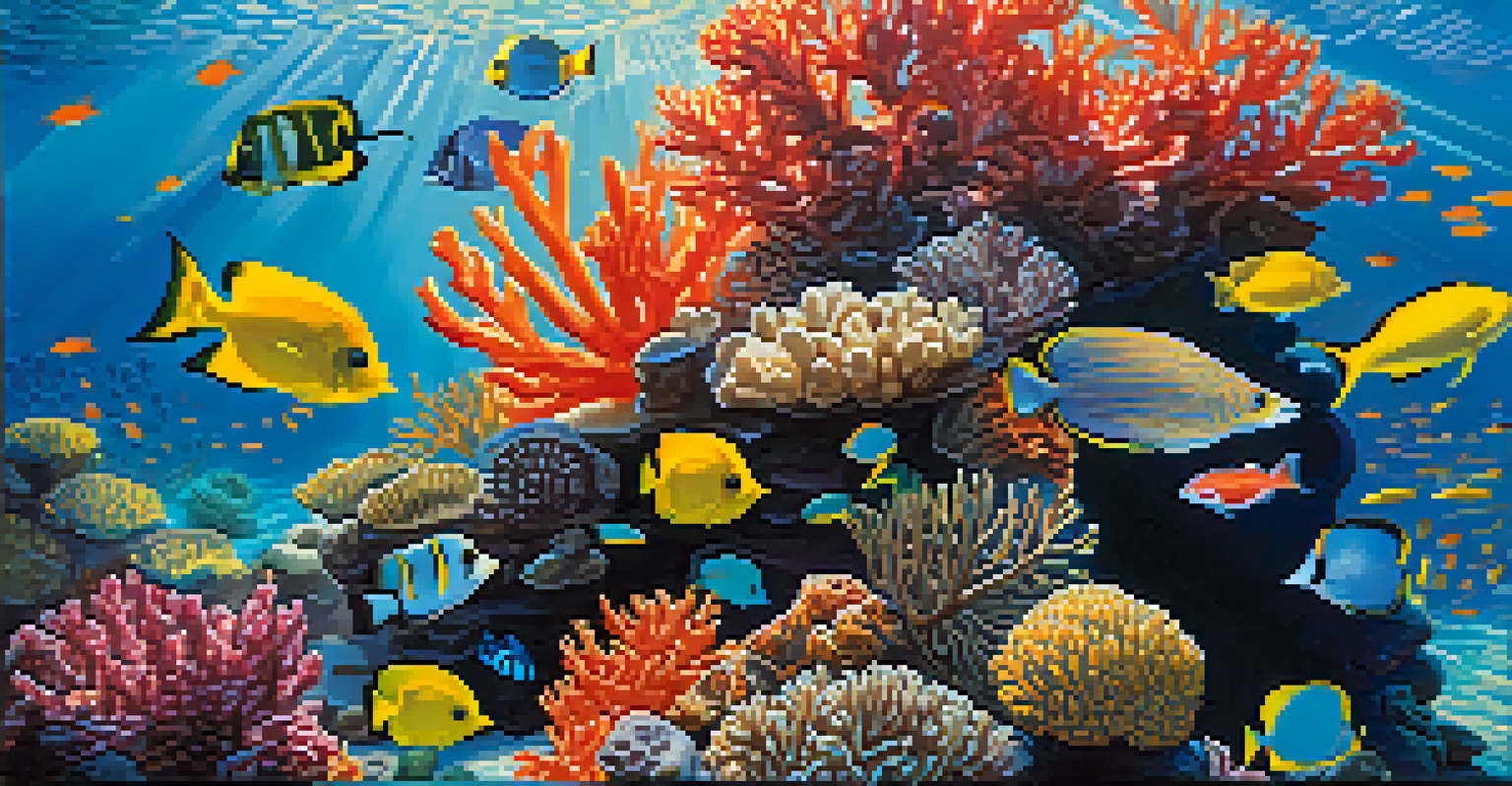 Underwater view of a coral reef with colorful fish and sunlight filtering through the water.