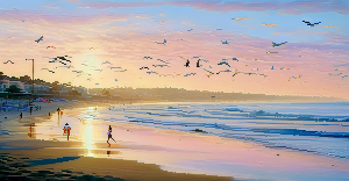 A peaceful San Diego beach at sunrise with colorful umbrellas, joggers, and seagulls in the sky.