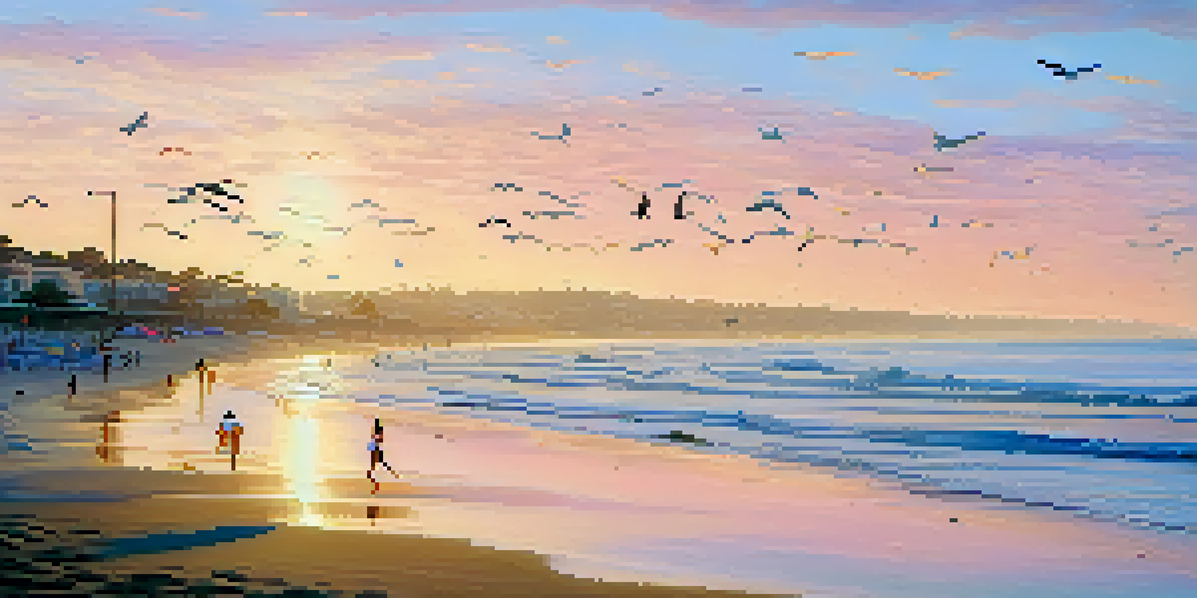 A peaceful San Diego beach at sunrise with colorful umbrellas, joggers, and seagulls in the sky.
