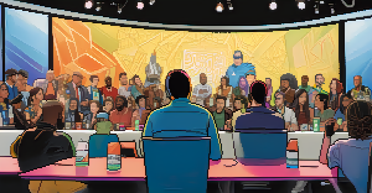 A panel discussion at Comic-Con with speakers at a table and an engaged audience raising hands for questions.