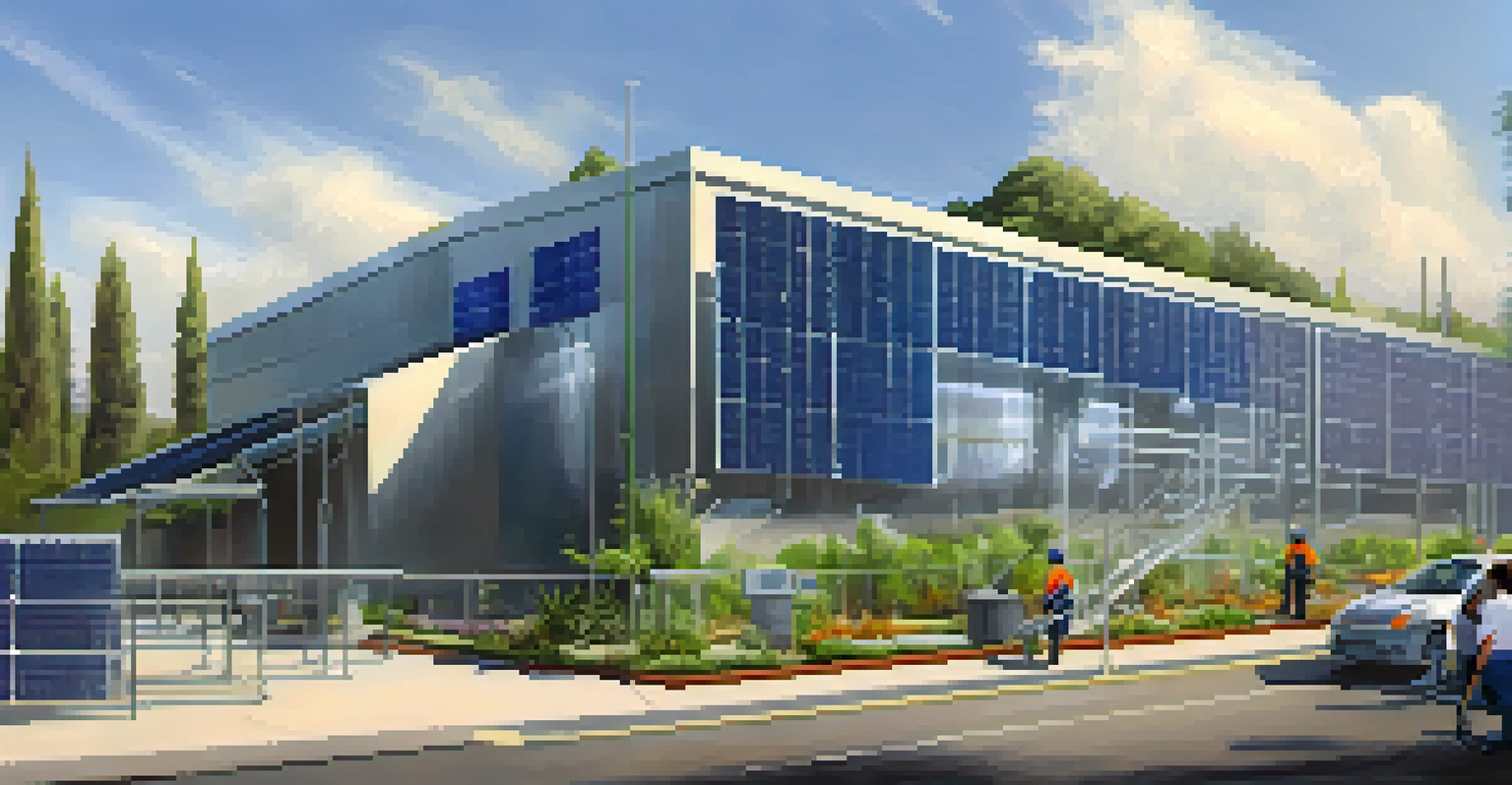 A state-of-the-art water recycling facility in San Diego with advanced technology, solar panels, and lush landscaping.
