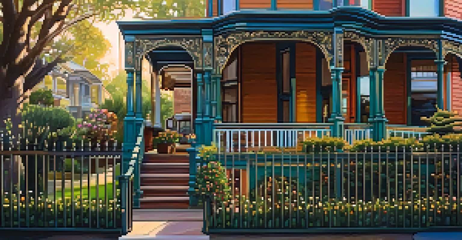 A close-up view of a Victorian home in the Gaslamp Quarter, highlighting its colorful architecture and garden.