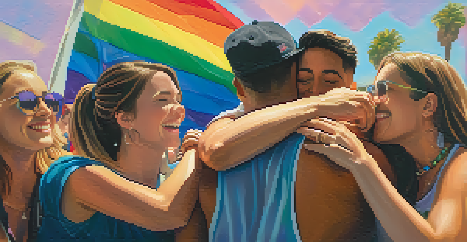 A heartfelt moment of friends celebrating at San Diego Pride, embracing each other with rainbow colors in the background.