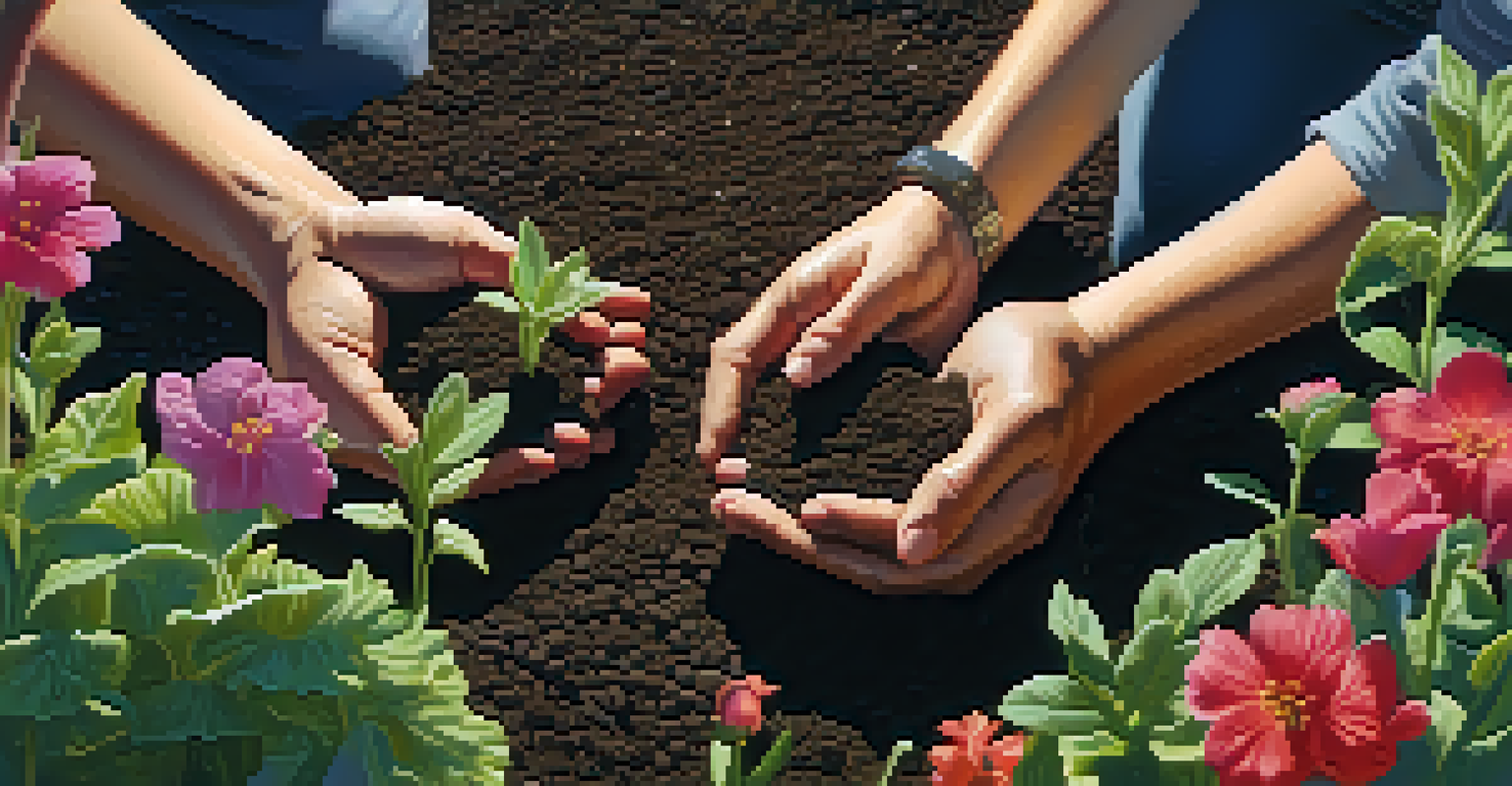 Close-up of hands planting seeds in dark soil with sunlight filtering through leaves.