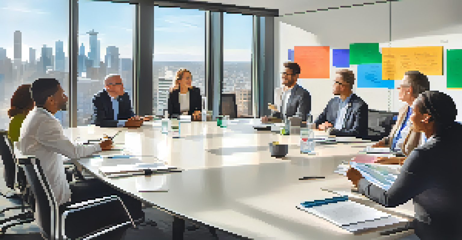 A diverse board of directors meeting in a bright conference room, discussing nonprofit strategies with a city view.