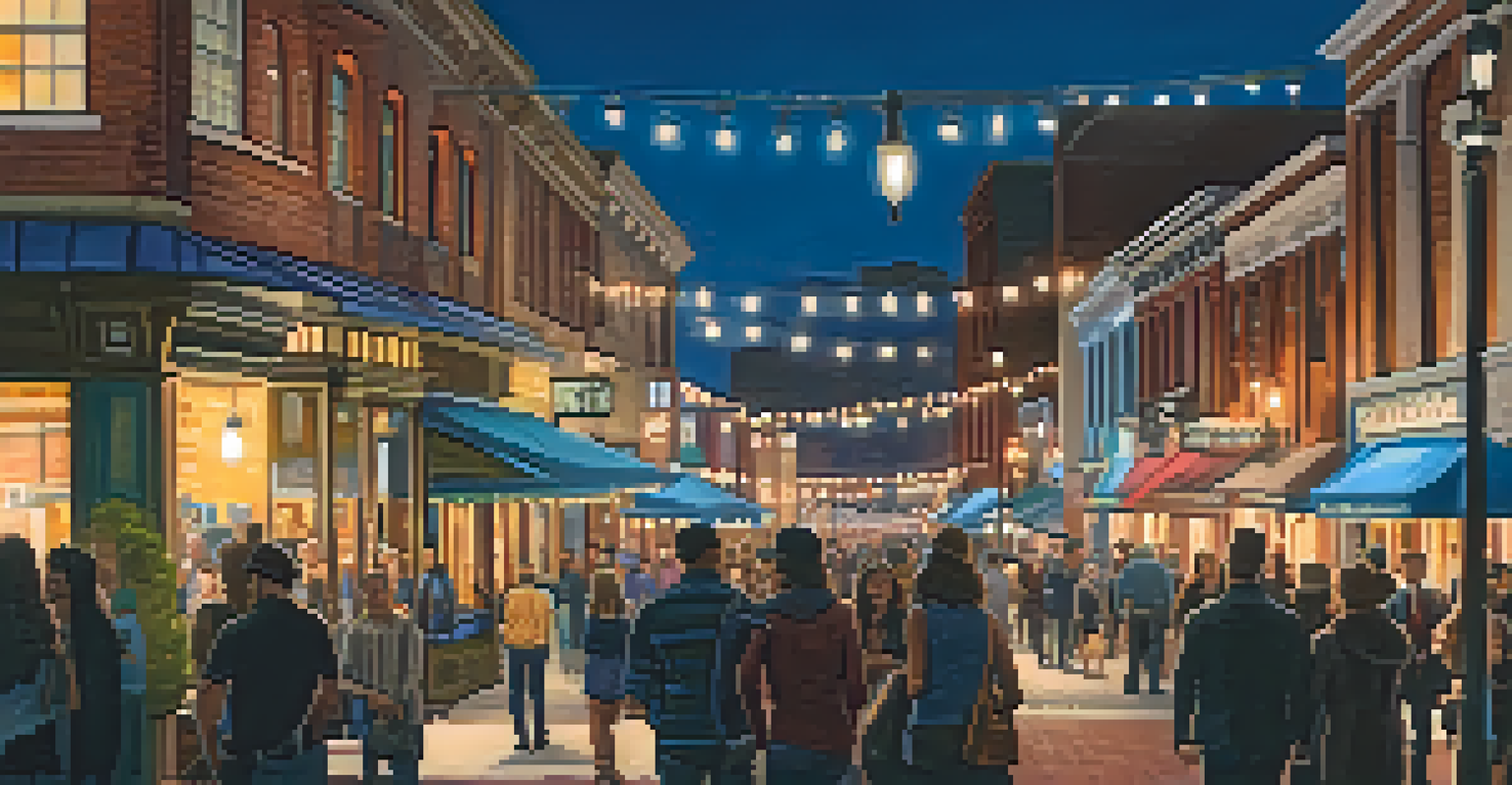 Historic buildings illuminated during an art walk in the Gaslamp Quarter, with street performers and a lively crowd enjoying the evening.