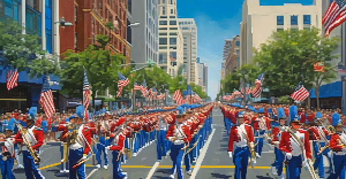 A lively parade scene with marching bands and families celebrating Memorial Day in downtown San Diego.