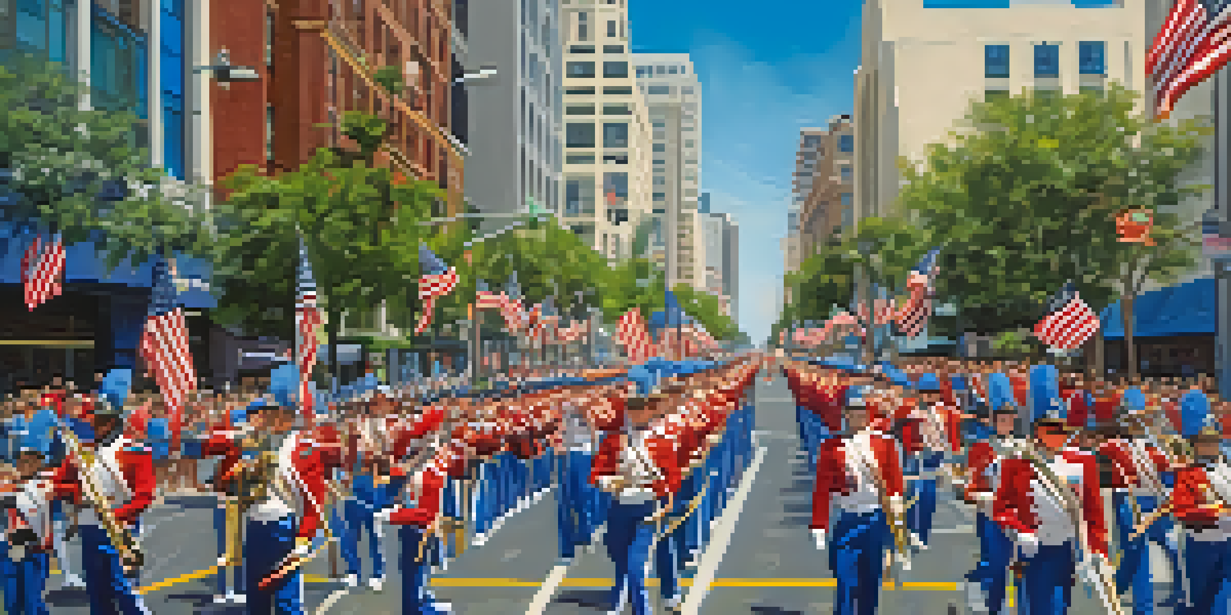 A lively parade scene with marching bands and families celebrating Memorial Day in downtown San Diego.