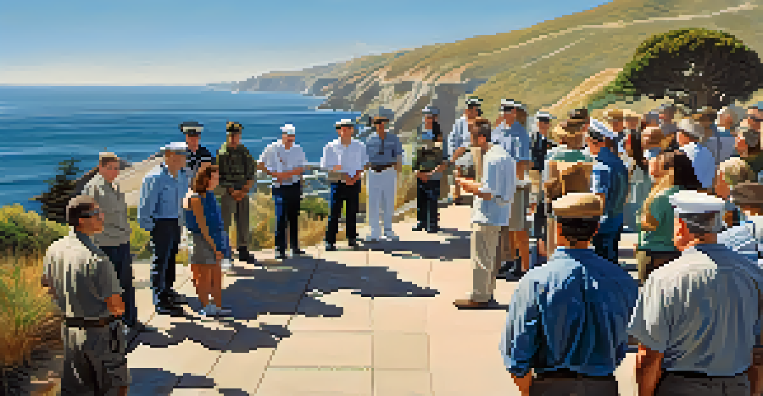 A guided tour group at Cabrillo National Monument, listening to a guide with a beautiful coastal view in the background.
