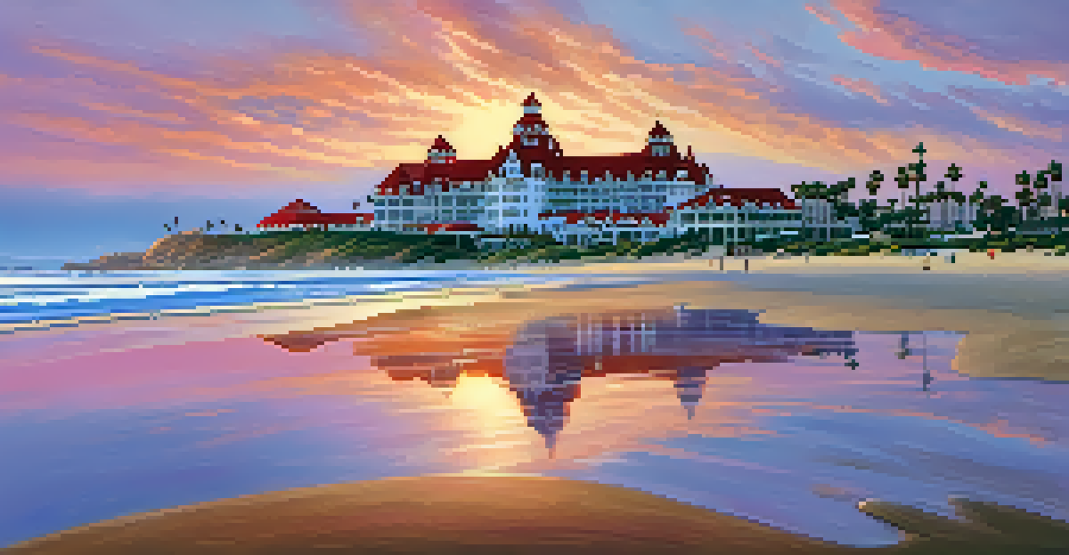 The Hotel del Coronado at sunset, with its red roof and sandy beach in the foreground.