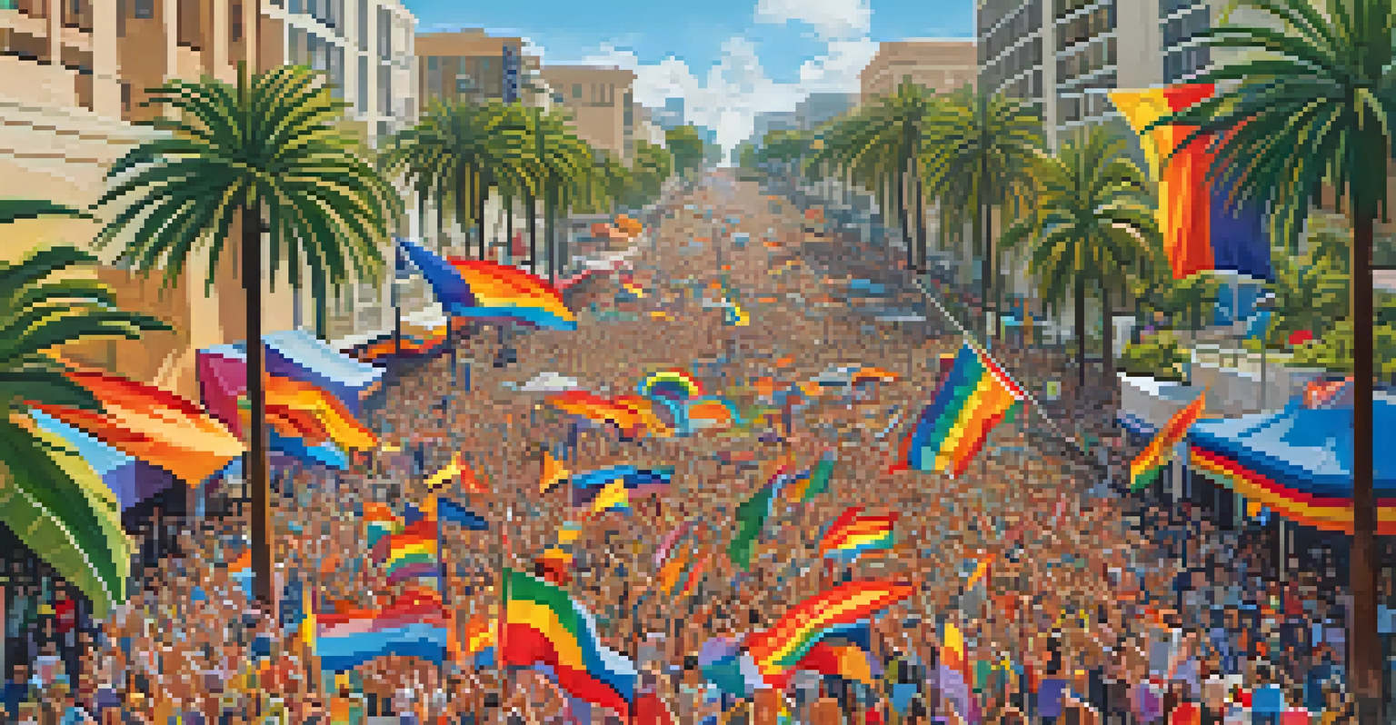 An aerial view of the San Diego Pride Parade with colorful floats and enthusiastic participants celebrating diversity in a sunny urban setting.