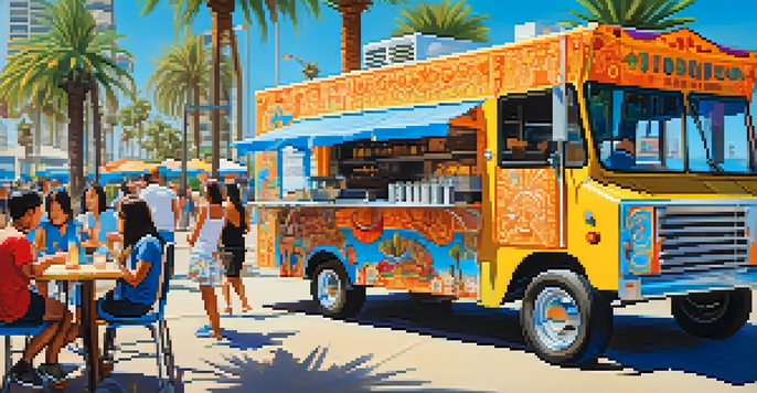 A food truck in San Diego serving fusion cuisine, with people enjoying their meals at picnic tables under string lights, surrounded by palm trees.