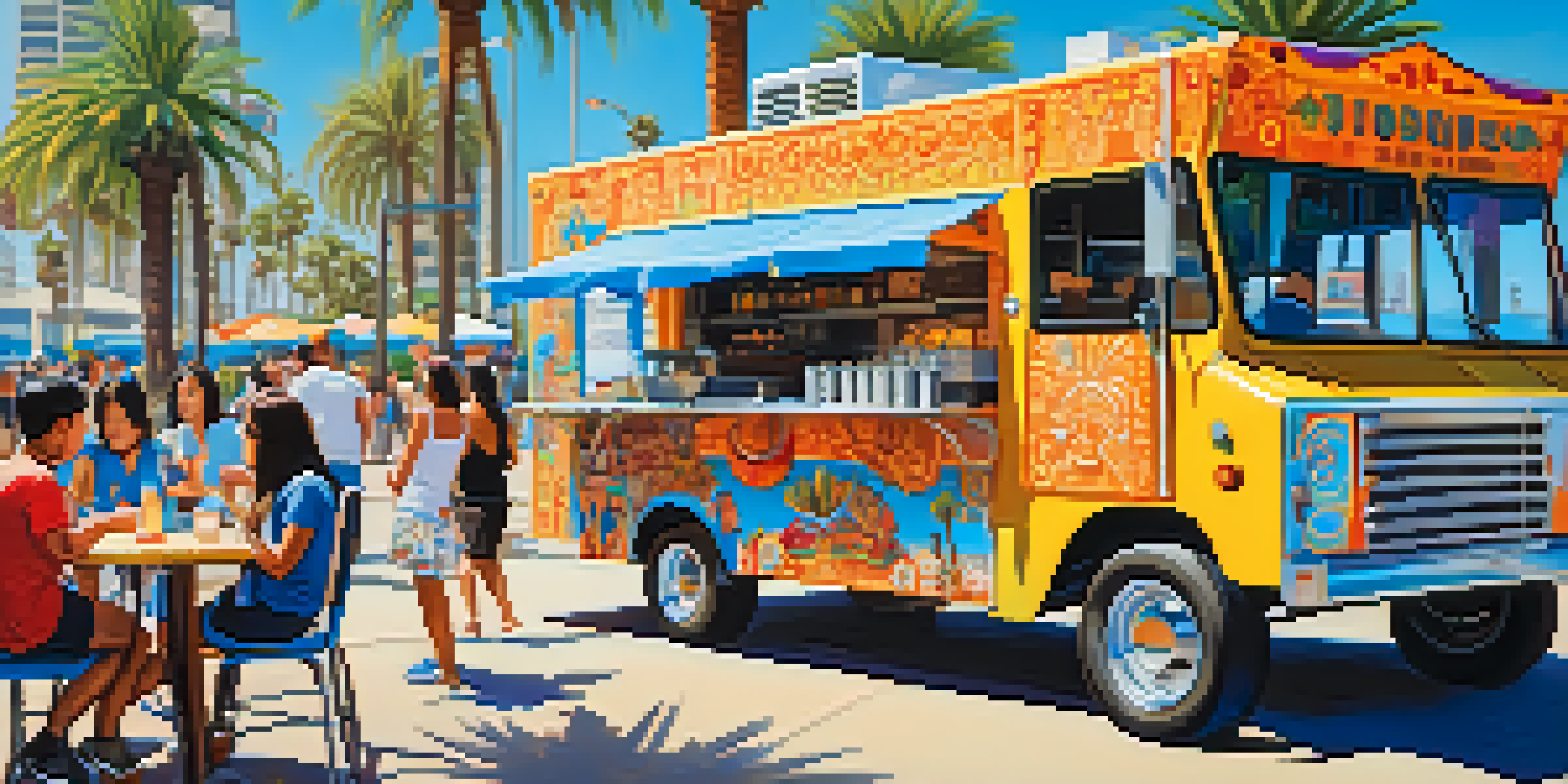 A food truck in San Diego serving fusion cuisine, with people enjoying their meals at picnic tables under string lights, surrounded by palm trees.