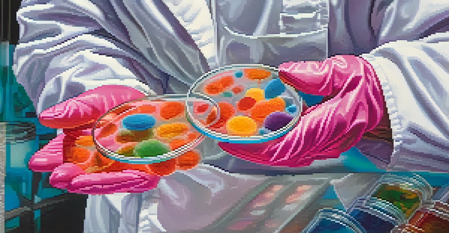 A close-up of a scientist's hands holding a petri dish with colorful bacterial cultures, showcasing detailed research work.