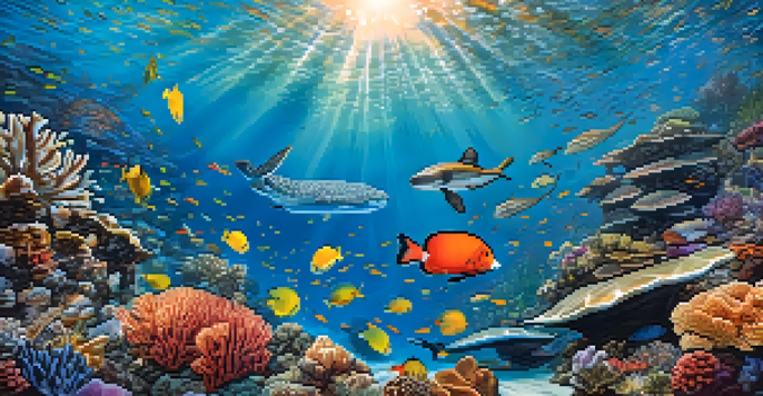 An underwater scene filled with colorful coral reefs, fish, and sea turtles, illuminated by sunlight.