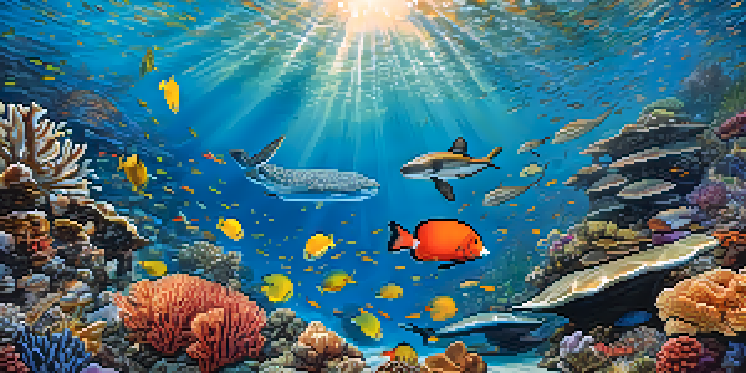 An underwater scene filled with colorful coral reefs, fish, and sea turtles, illuminated by sunlight.