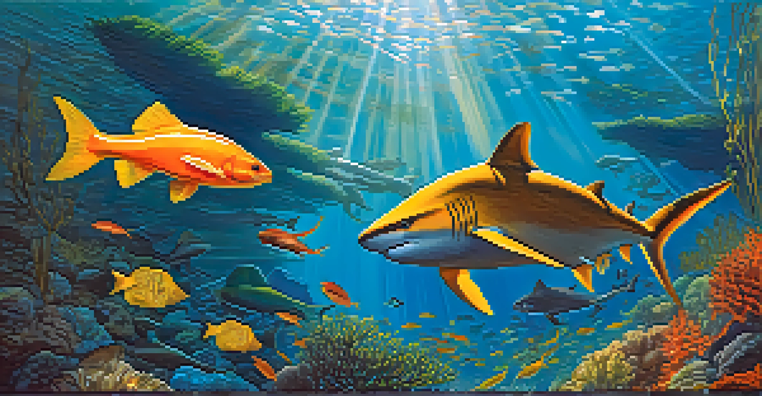 An underwater view of a kelp forest with sunlight, colorful fish, and a leopard shark.