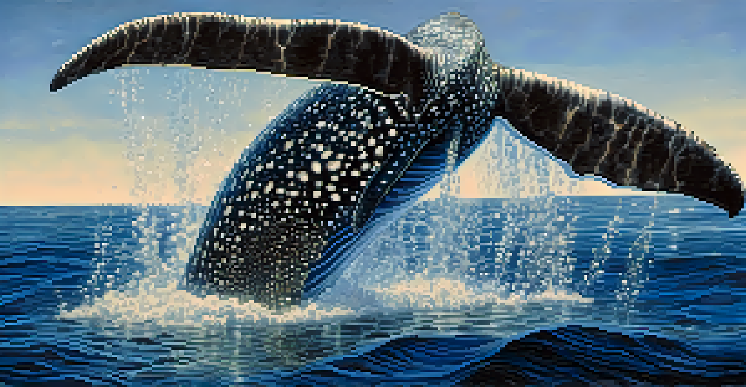 A detailed close-up of a gray whale's fluke diving into the ocean, with sunlight filtering through the water.