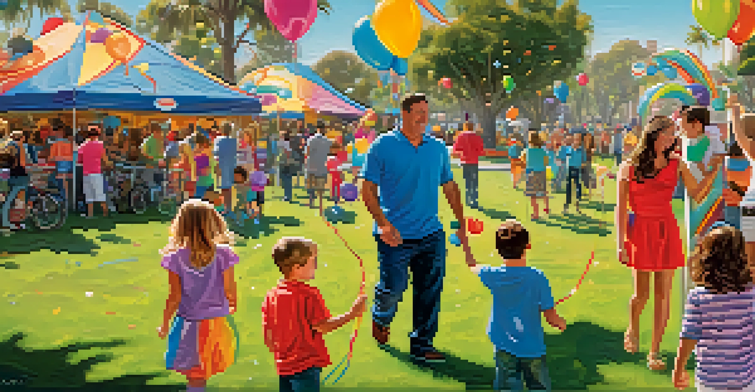 Families enjoying a 'Noon Year's Eve' celebration in a San Diego park, with children playing games and a countdown clock.