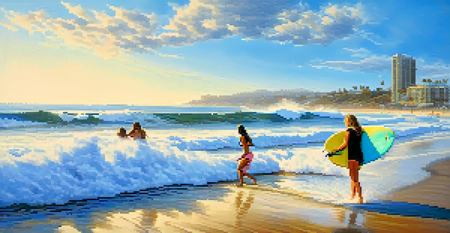A surfer riding a wave at Pacific Beach, with vibrant blue ocean and beachgoers in the background.