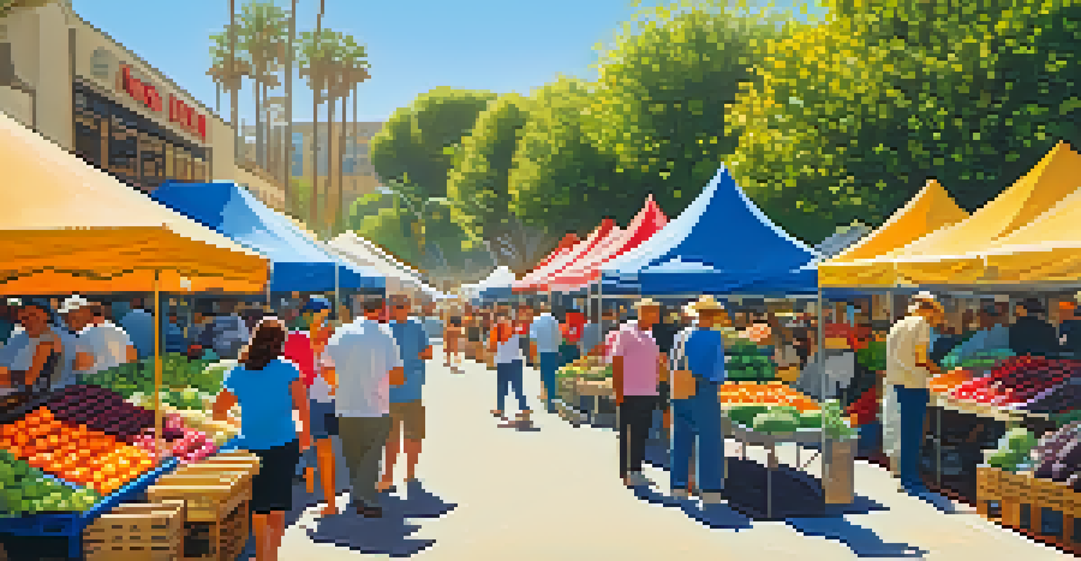 A bustling farmers' market in San Diego with colorful produce and shoppers interacting with farmers.