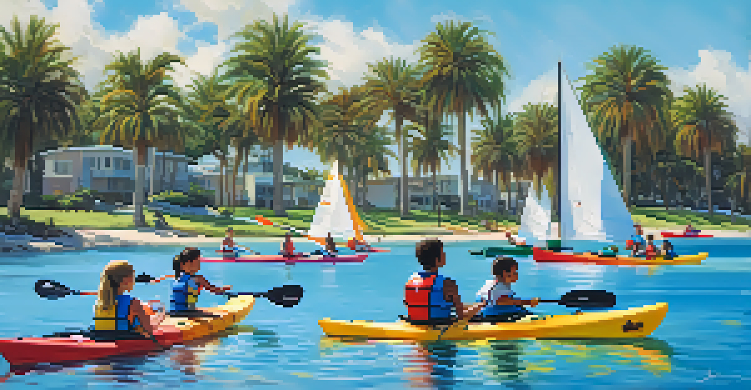 Families kayaking together in Mission Bay on a sunny day, with sailboats and palm trees in the background.