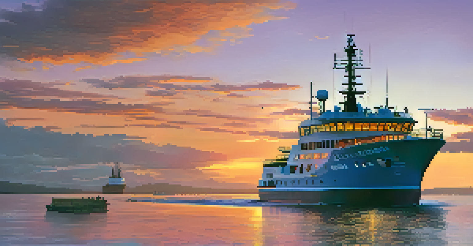 A research vessel at sunset near a coastline, with a colorful sky and researchers on deck.