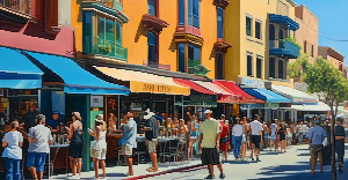 A bustling street filled with people enjoying an art walk, featuring colorful art displays and food vendors under sunny skies.