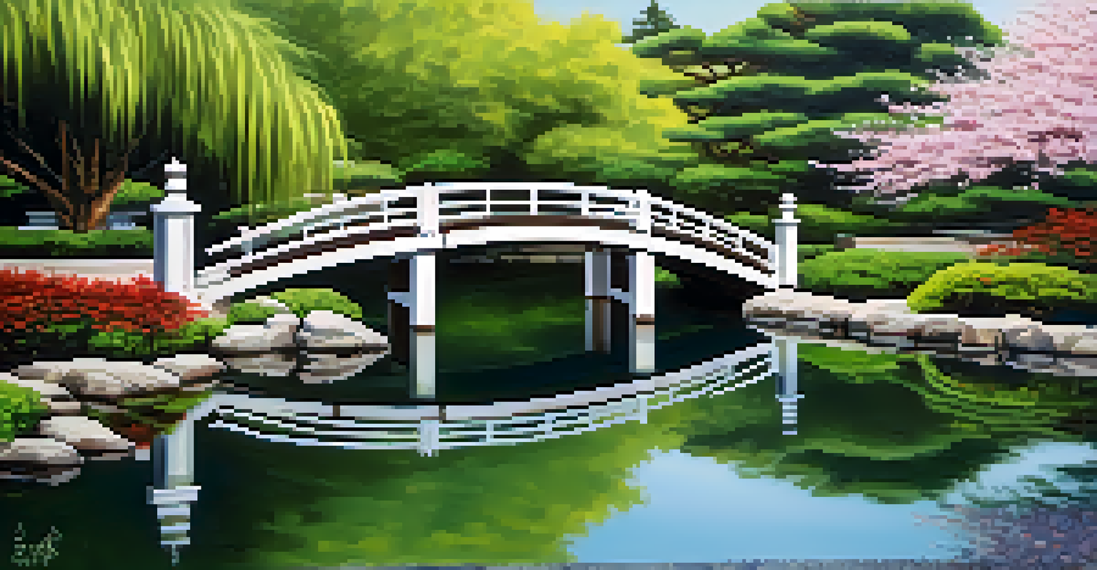 A serene view of the Japanese Friendship Garden with koi ponds and cherry blossoms.