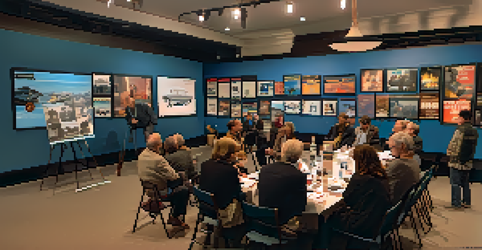 A workshop at the film festival with a filmmaker speaking to attendees, surrounded by film posters and a movie scene on a projector.