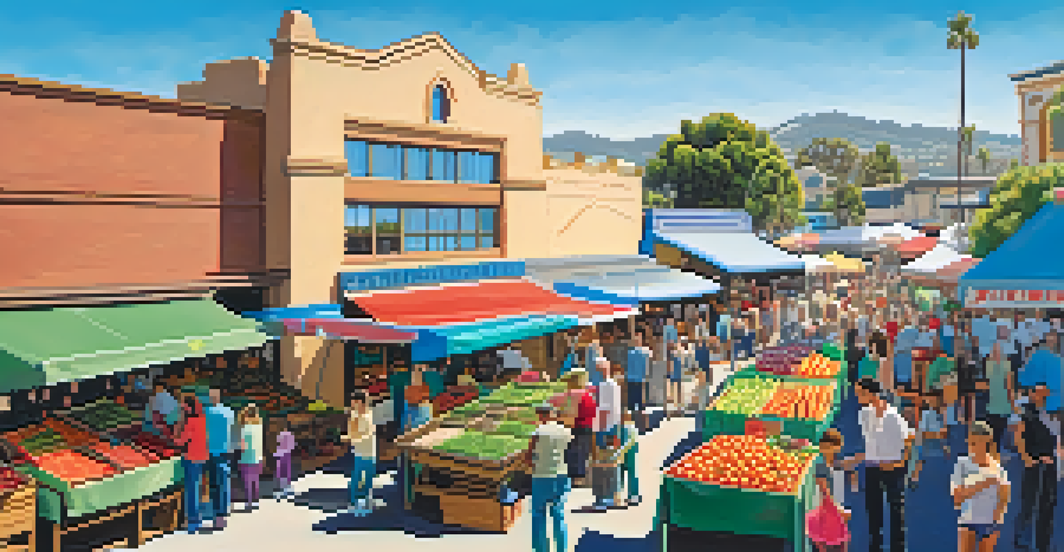 A lively farmers market in San Diego, showcasing colorful stalls with fresh produce and local products, filled with shoppers and vendors.