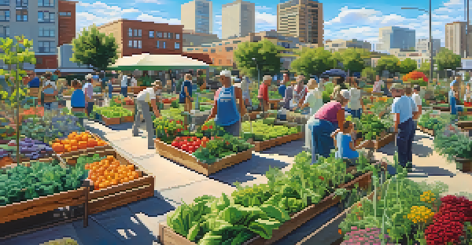 A lively community garden with diverse plants and vegetables, featuring residents of various ages working together under a sunny sky in San Diego.