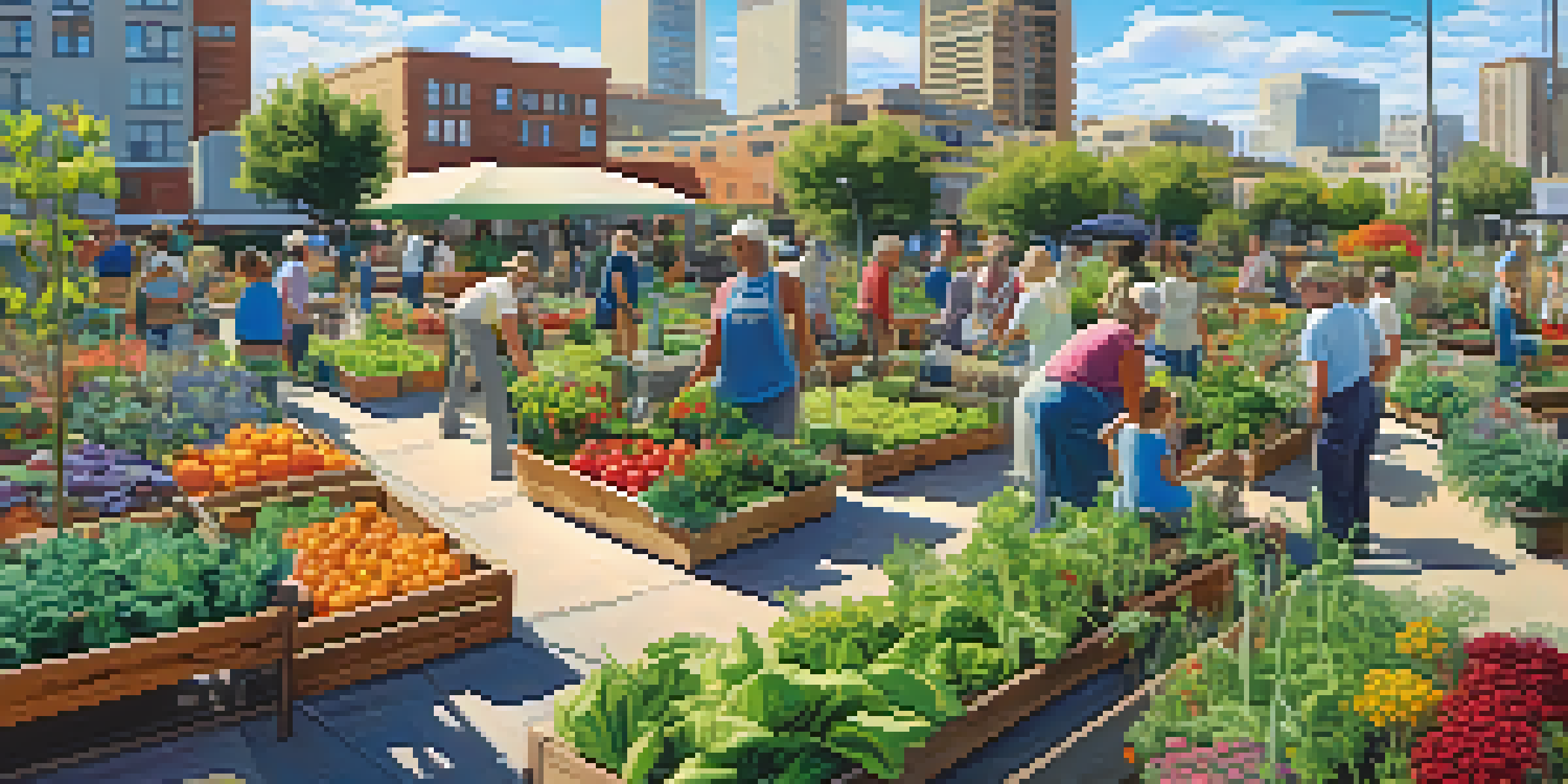 A lively community garden with diverse plants and vegetables, featuring residents of various ages working together under a sunny sky in San Diego.