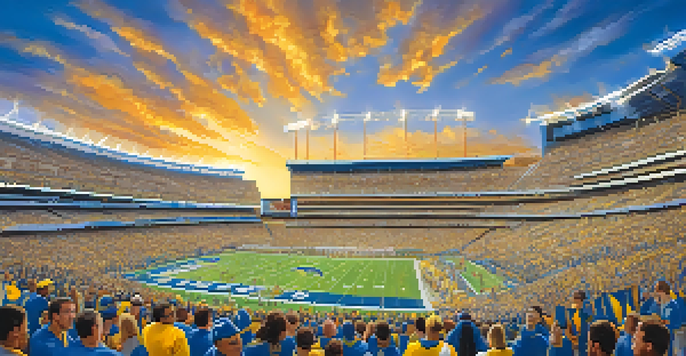 A bustling stadium filled with fans in blue and gold jerseys, celebrating a Chargers game day under a bright sun.