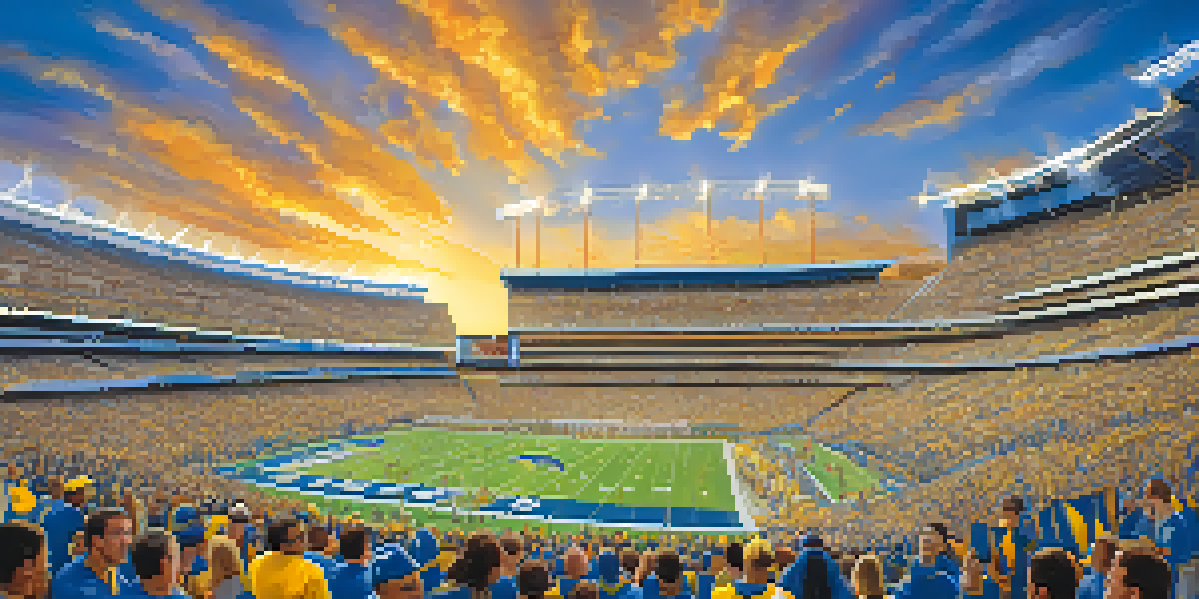 A bustling stadium filled with fans in blue and gold jerseys, celebrating a Chargers game day under a bright sun.