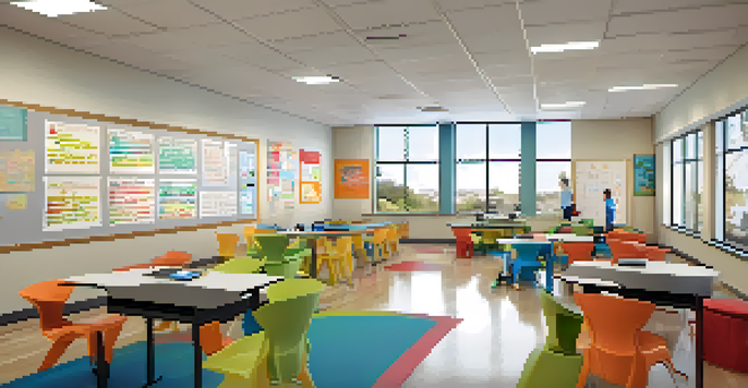 A vibrant and flexible classroom with students collaborating on projects, using digital tools and colorful furniture.